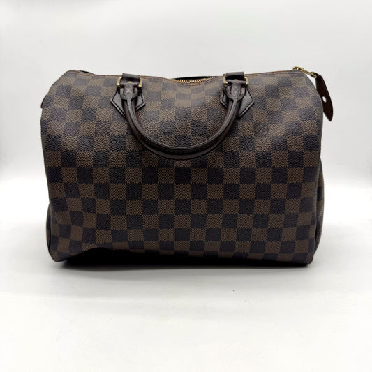 Louis Vuitton Speedy 30 Toile Damier Ebène - vue de face opposée, sac posé