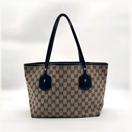 Gucci Tote Toile GG Beige et Cuir Verni Noir - vue de face opposée