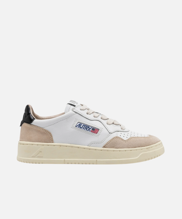Autry Medalist Low White & Black Leather and Beige Suede