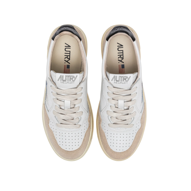 Autry Medalist Low White & Black Leather and Beige Suede