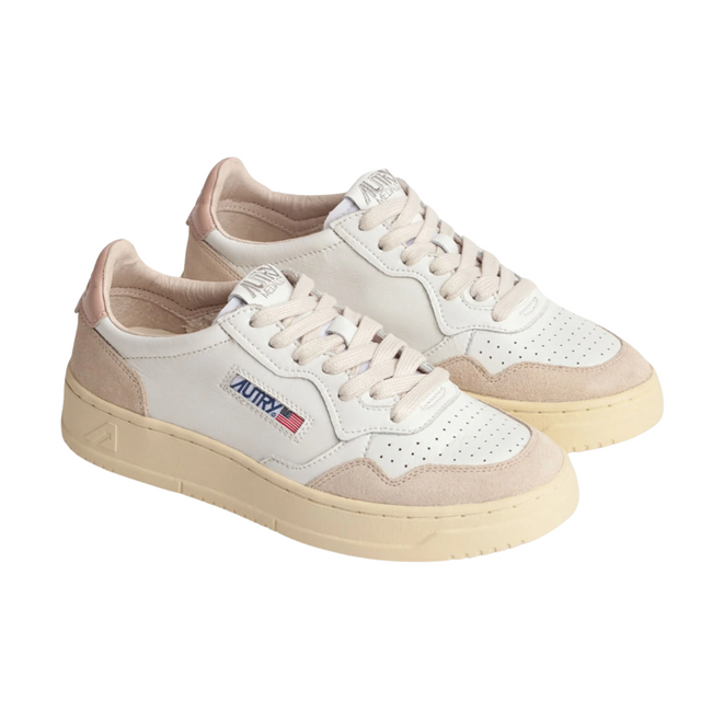Autry Medalist Low White & Powder Leather and Beige Suede