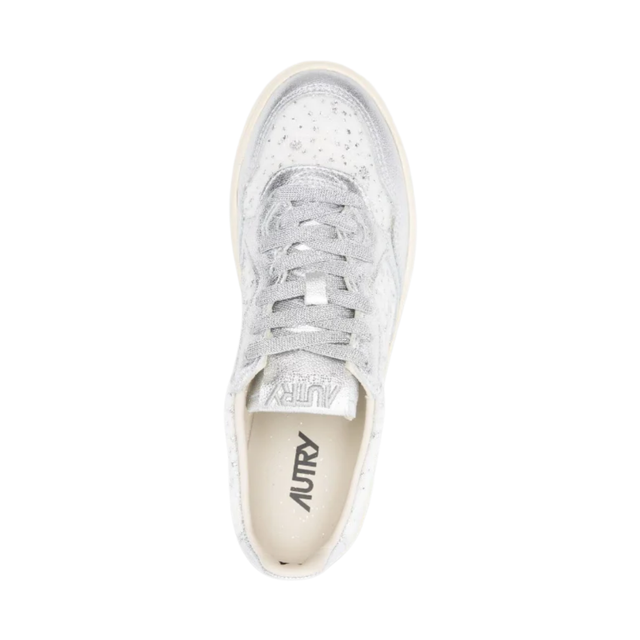 Autry Medalist Low White Glitter Canvas & Silver Leather