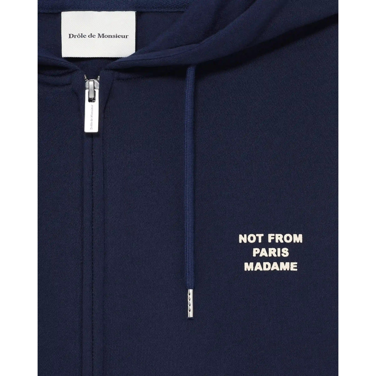Sweat zippé à capuche Drôle de Monsieur Slogan bleu marine détail