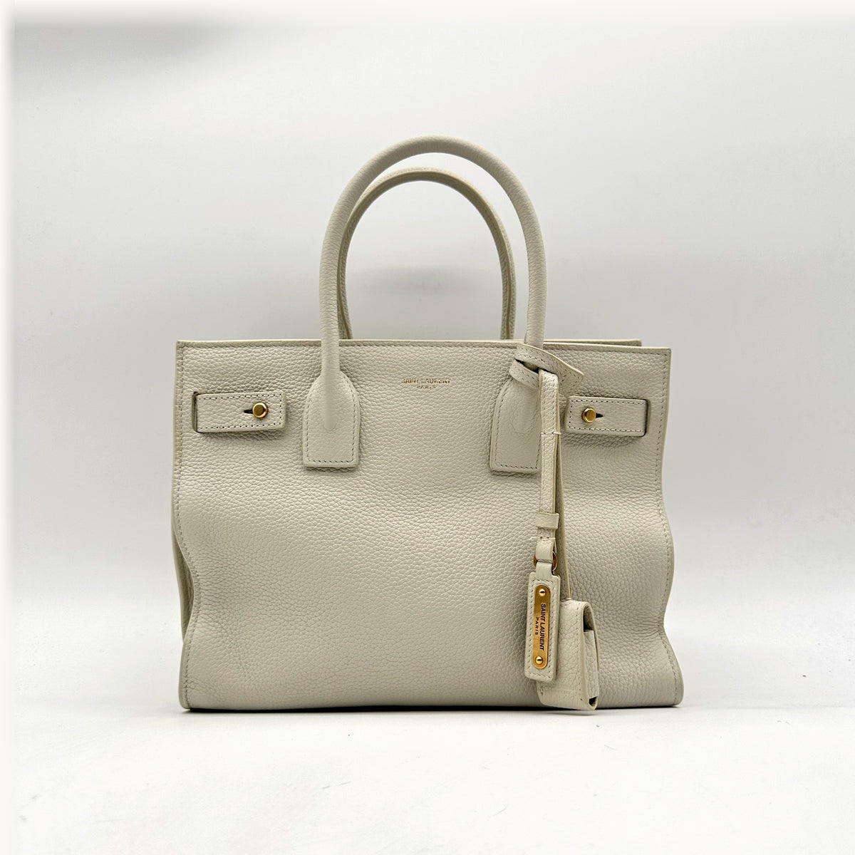 Saint Laurent Sac de Jour Baby Cuir Grainé Blanc Cassé - vue de face, anses et porte-adresse