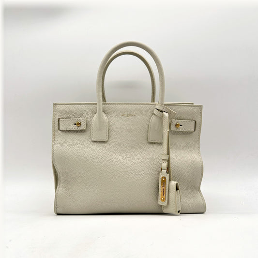 Saint Laurent Sac de Jour Baby Cuir Grainé Blanc Cassé - vue de face, anses et porte-adresse