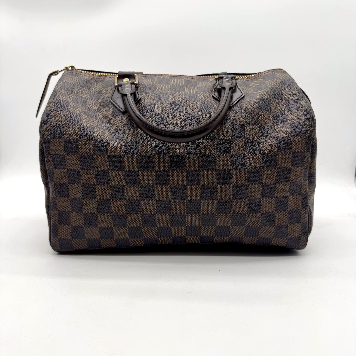 Louis Vuitton Speedy 30 Toile Damier Ebène - vue de face, anses en cuir brun