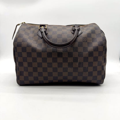 Louis Vuitton Speedy 30 Toile Damier Ebène - vue de face, anses en cuir brun