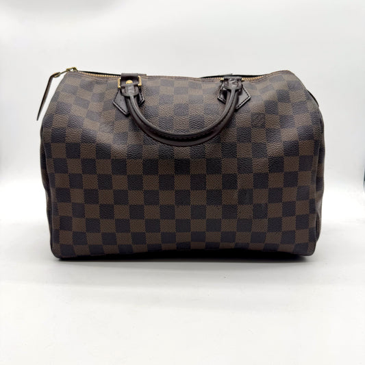 Louis Vuitton Speedy 30 Toile Damier Ebène - vue de face, anses en cuir brun
