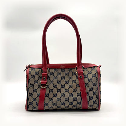 Gucci Boston Abbey Toile GG et Cuir Rouge - vue de face, anses et bandes de cuir