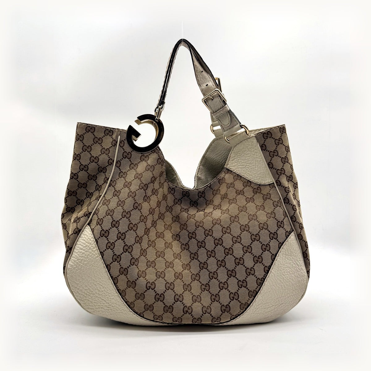 Gucci Tote Toile GG Beige et Cuir Crème - vue de face, bandoulière et anneau doré