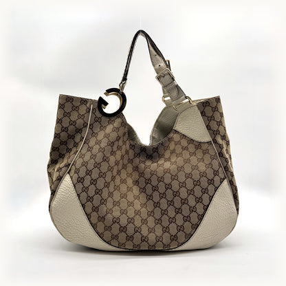 Gucci Tote Toile GG Beige et Cuir Crème - vue de face, bandoulière et anneau doré