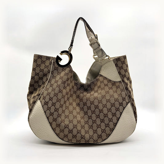 Gucci Tote Toile GG Beige et Cuir Crème - vue de face, bandoulière et anneau doré