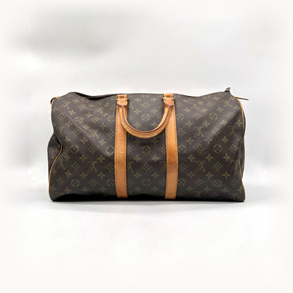 Louis Vuitton Keepall 45 Toile Monogram - vue de face, anses et bande de cuir naturel