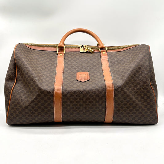 Céline Boston 50 Toile Macadam Brun - vue de face, anses et bandes de cuir
