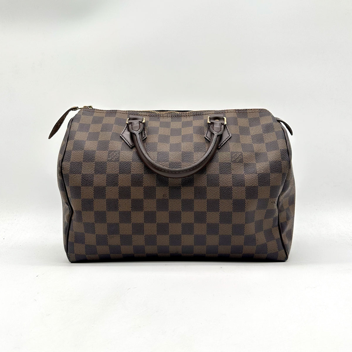 Louis Vuitton Speedy 30 Toile Damier Ebène - vue de face, anses en cuir brun