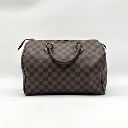 Louis Vuitton Speedy 30 Toile Damier Ebène - vue de face, anses en cuir brun