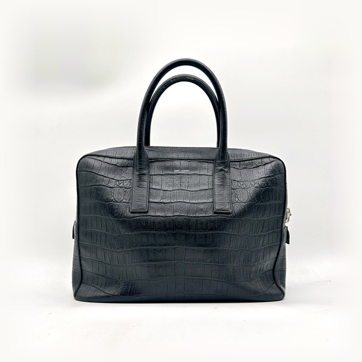 Saint Laurent Porte-documents Cuir Façon Croco Noir - vue de face, anses et zip