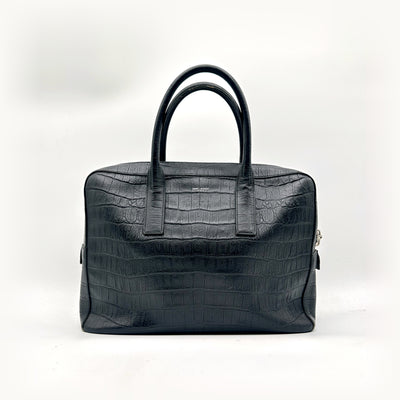 Saint Laurent Porte-documents Cuir Façon Croco Noir - vue de face, anses et zip