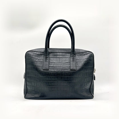 Saint Laurent Porte-documents Cuir Façon Croco Noir - vue de face, anses et zip
