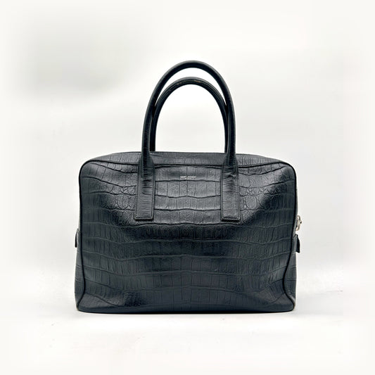Saint Laurent Porte-documents Cuir Façon Croco Noir - vue de face, anses et zip