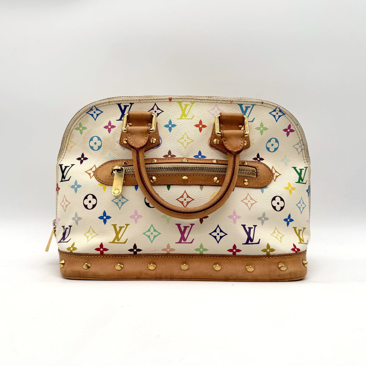 Louis Vuitton Alma Toile Monogram Multicolore Blanc - vue de face, anses et zip en arc