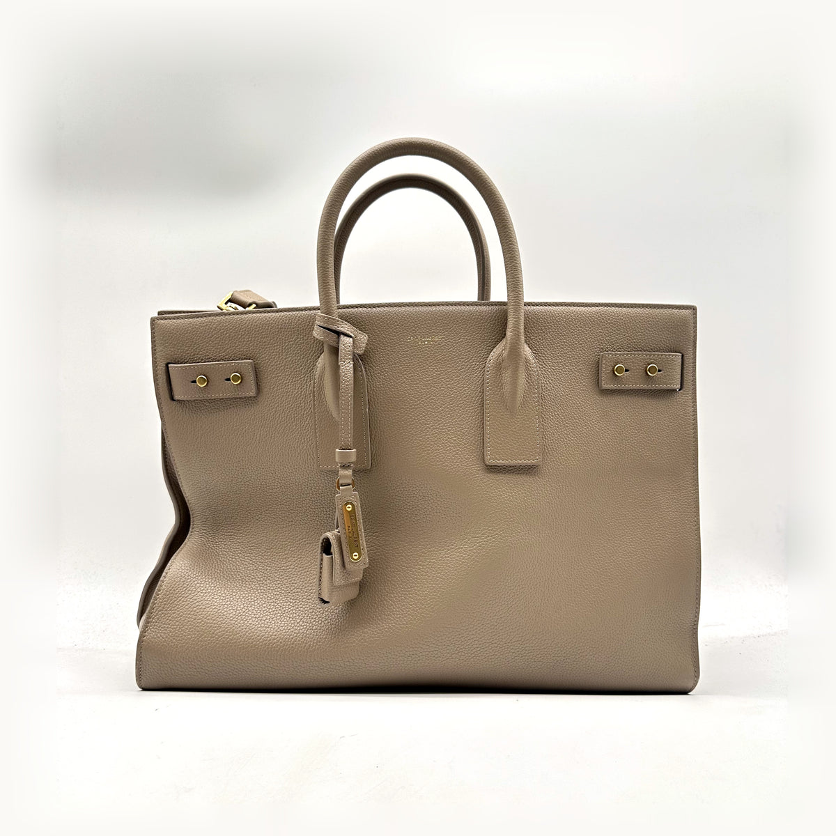 Saint Laurent Bandoulière Cuir Grainé Taupe - vue de face, anses et clochette