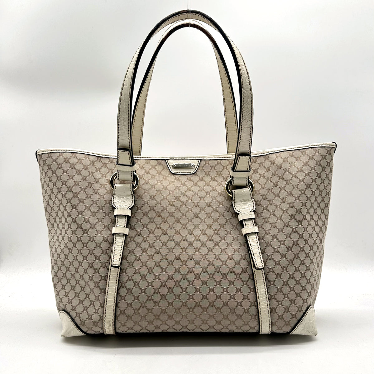 Céline Tote Toile Macadam Écru - vue de face, anses et plaque Céline