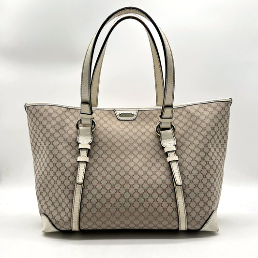Céline Tote Toile Macadam Écru - vue de face, anses et plaque Céline