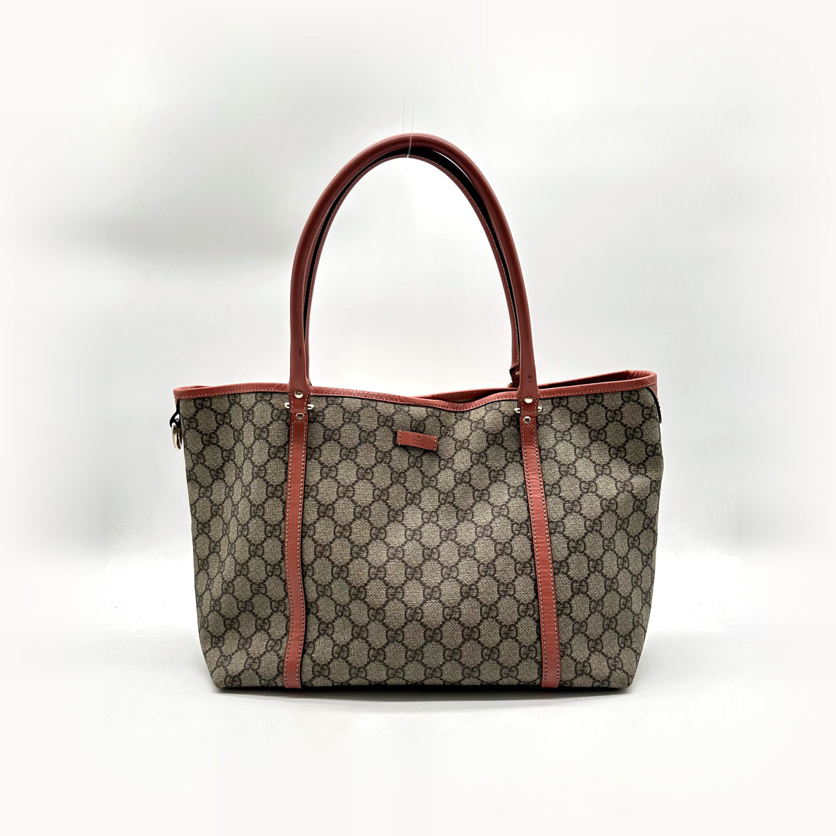 Gucci Tote Toile GG Beige et Cuir Corail - vue de face, anses et bordures de cuir