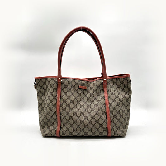 Gucci Tote Toile GG Beige et Cuir Corail - vue de face, anses et bordures de cuir