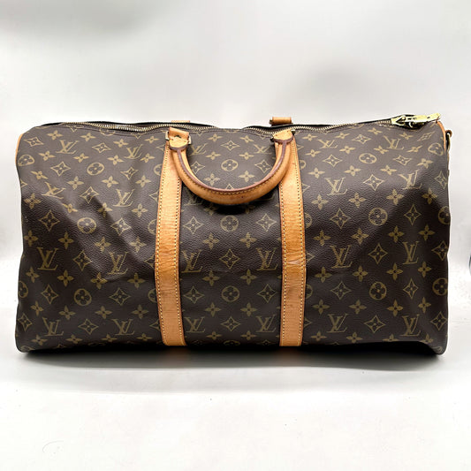 Louis Vuitton Keepall 50 Bandoulière Toile Monogram - vue de face, anses et bande de cuir