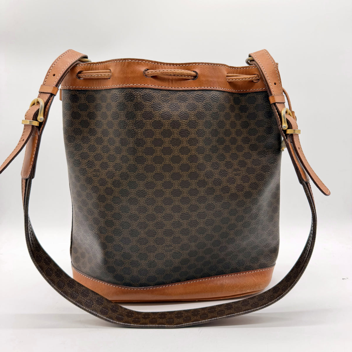 Celine sac seau Macadam toile brune - vue arriere et bandouliere