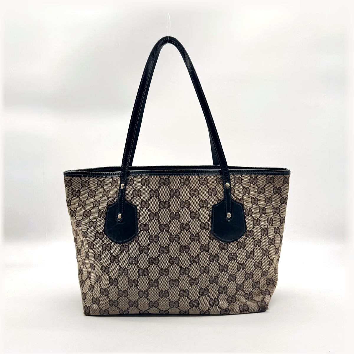 Gucci Tote Toile GG Beige et Cuir Verni Noir - vue de face opposée