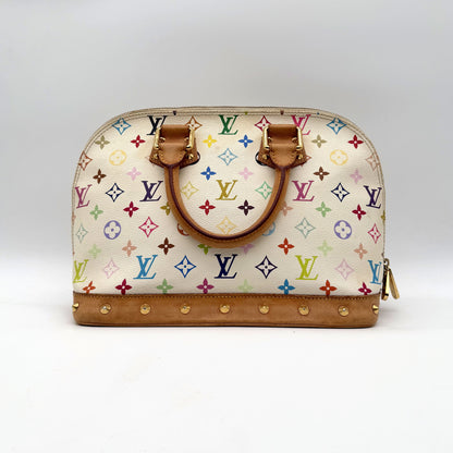 Louis Vuitton Alma Toile Monogram Multicolore Blanc - vue de face opposée, clous dorés sur la base