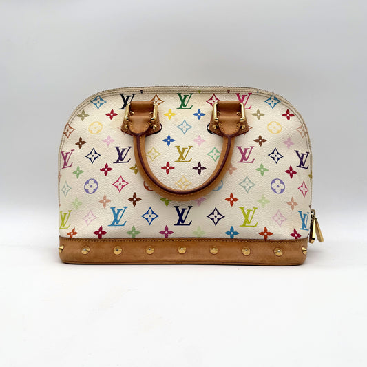 Louis Vuitton Alma Toile Monogram Multicolore Blanc - vue de face opposée, clous dorés sur la base
