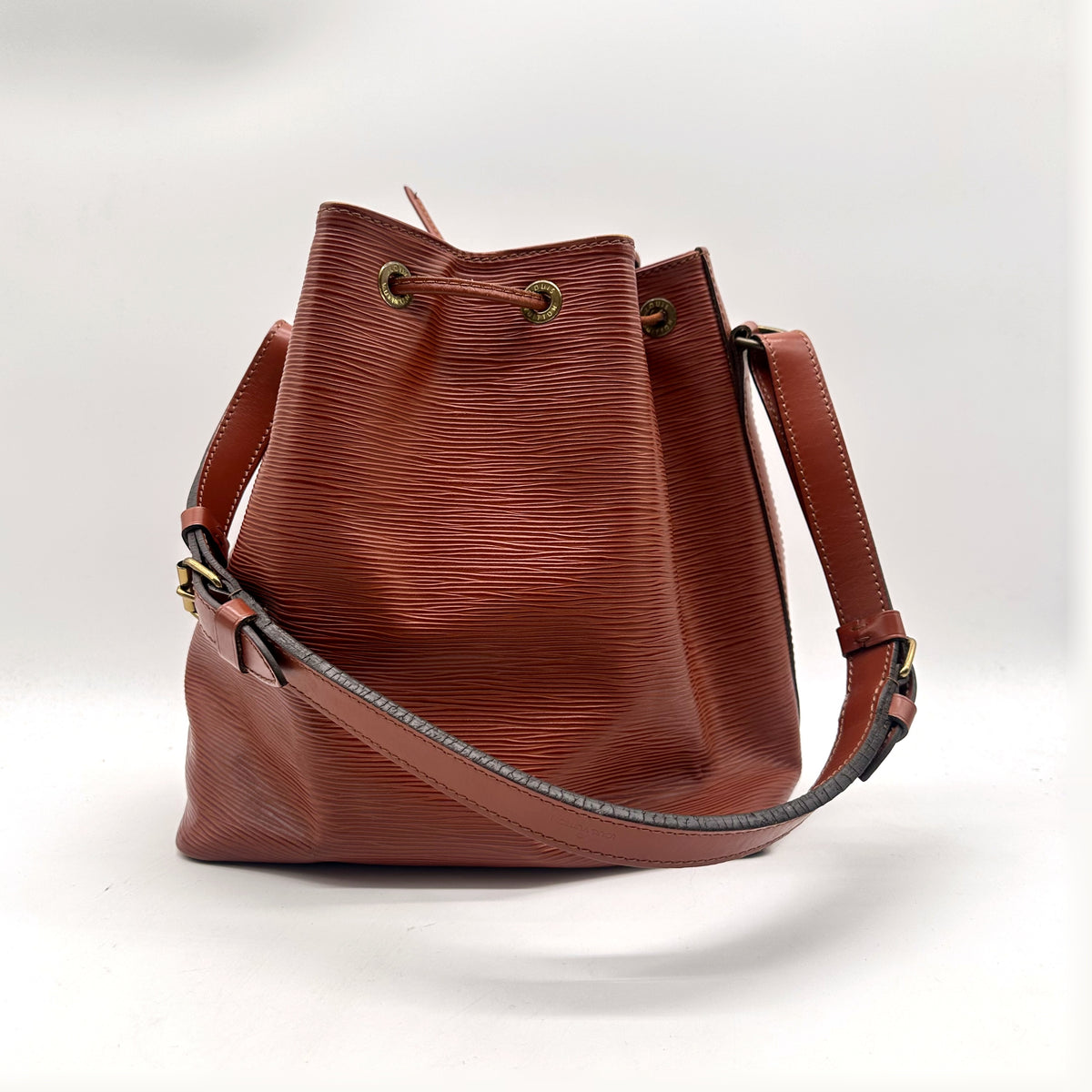 Louis Vuitton Noé Cuir Épi Marron - vue de dos, anse déployée