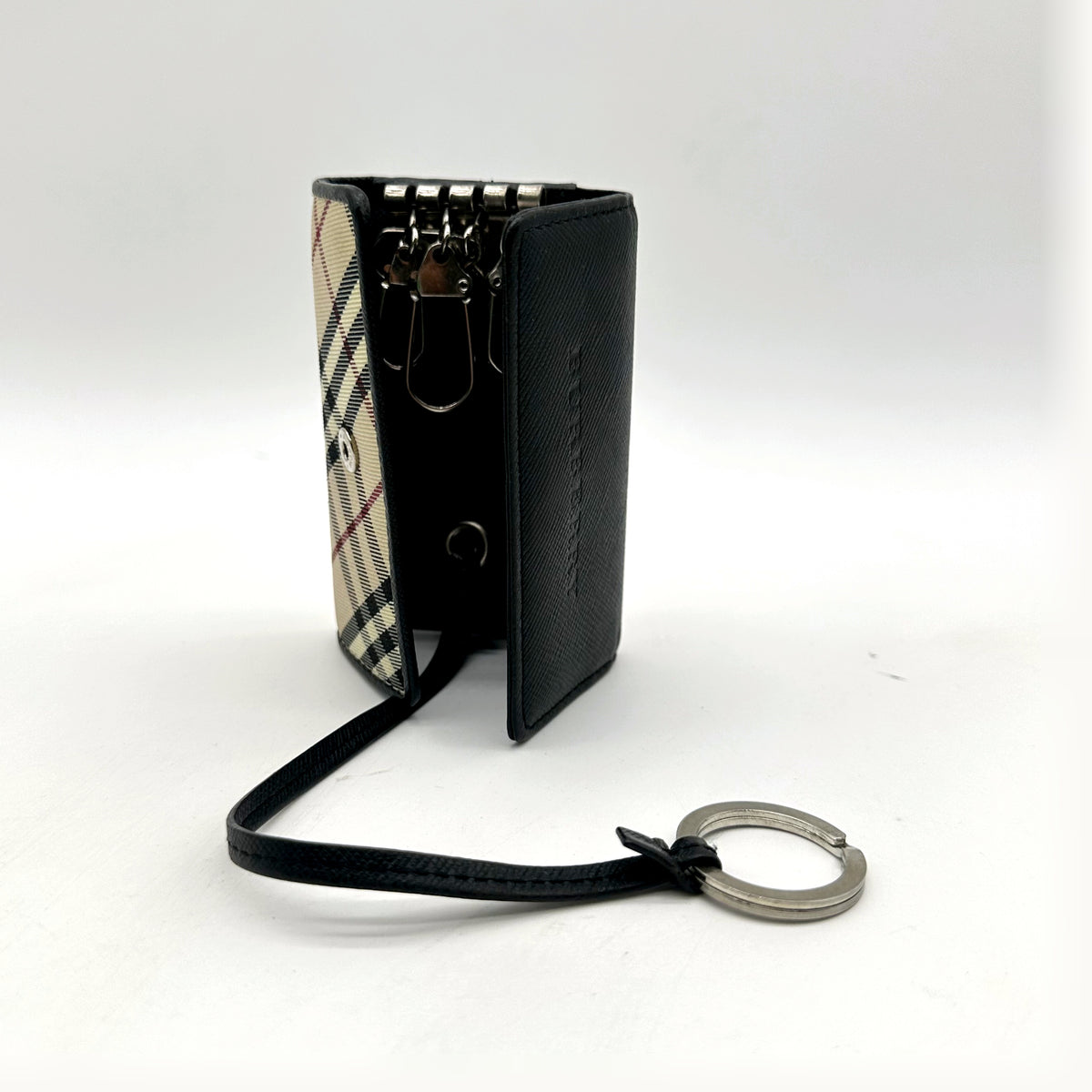 Burberry Étui à clés Toile Check - vue de trois quarts avec l'anneau et sa lanière