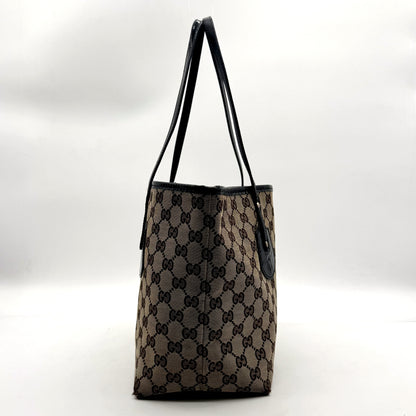 Gucci Tote Toile GG Beige et Cuir Verni Noir - profil, largeur du cabas