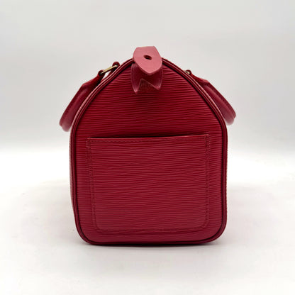 Louis Vuitton Speedy 25 Cuir Épi Rouge - vue de l'autre bout, poche plate extérieure