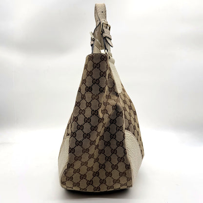Gucci Tote Toile GG Beige et Cuir Crème - profil, sac suspendu