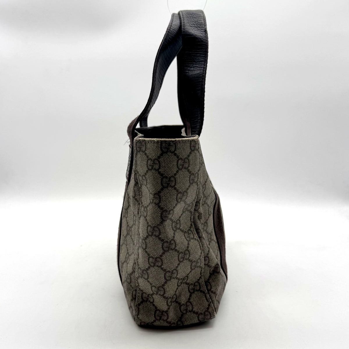 Gucci Tote Toile GG Beige et Cuir Brun - profil opposé, anse relevée