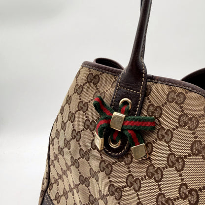 Gucci Princy Tote toile GG beige - detail noeud Web et cadenas