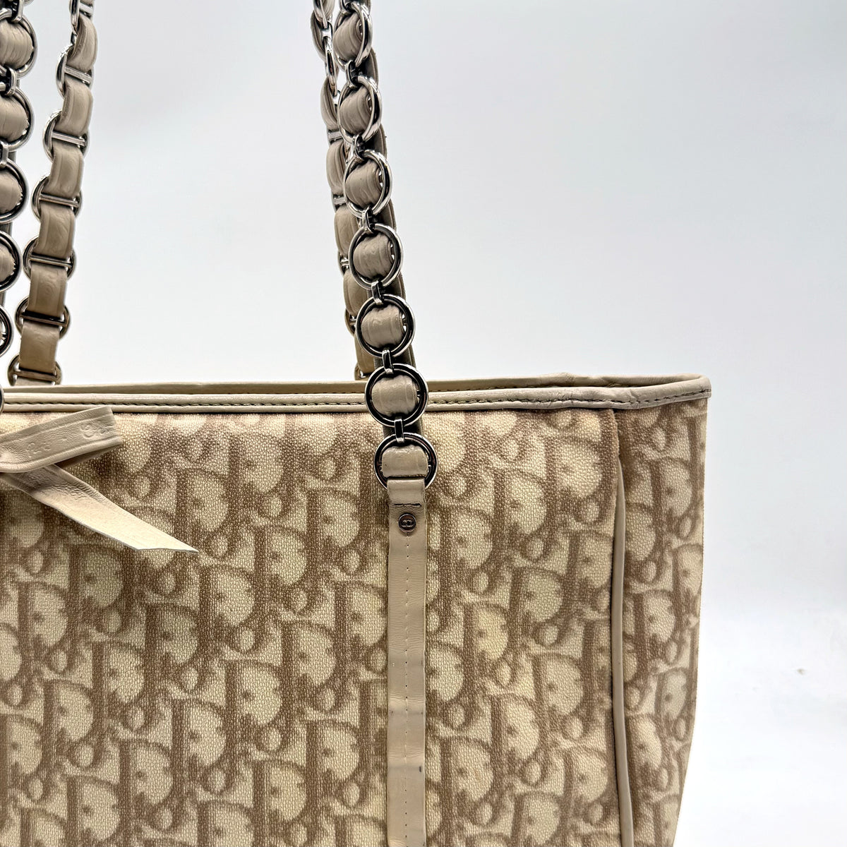 Dior Cabas Toile Trotter Beige - vue de face rapprochée, anses mixtes