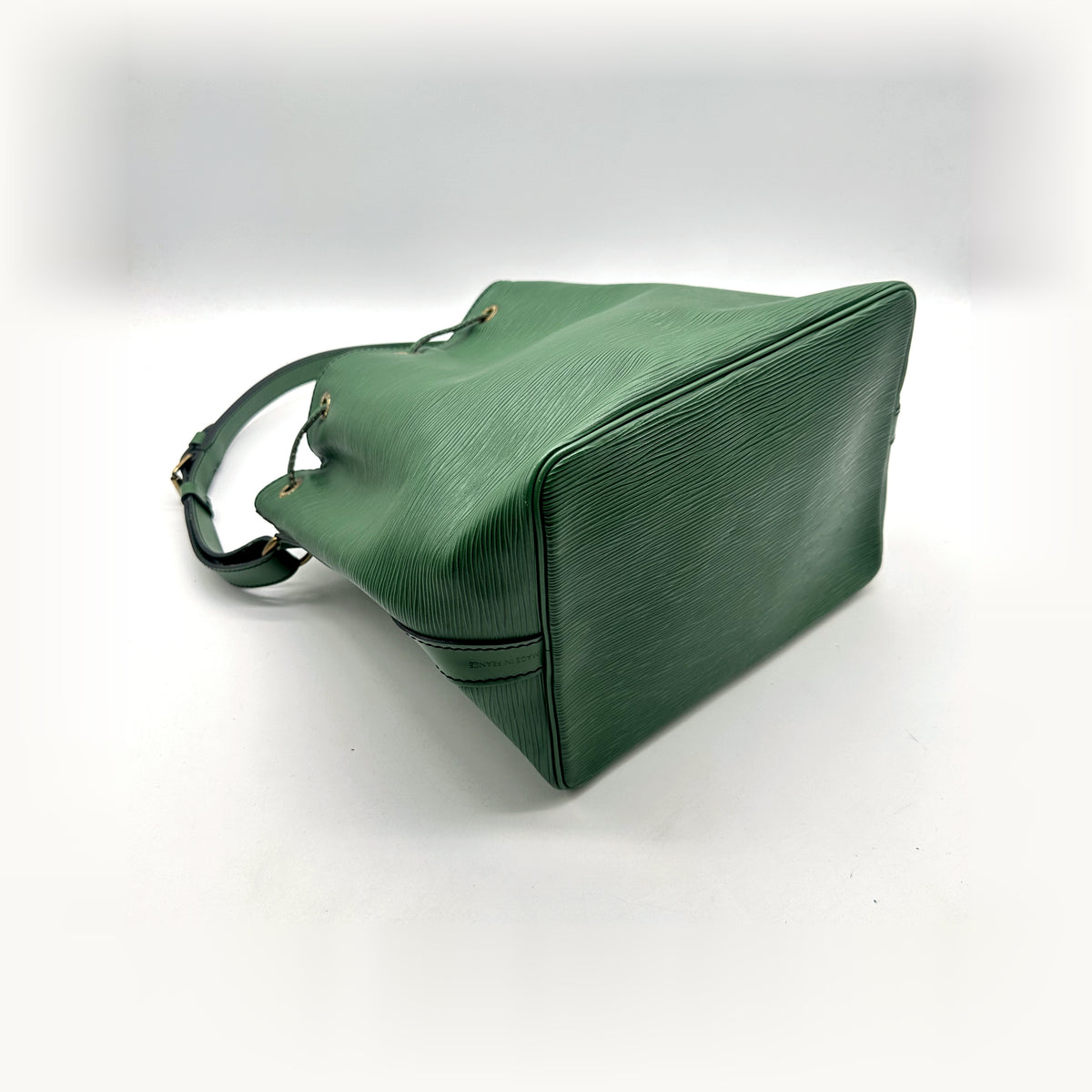 Louis Vuitton Petit Noé Cuir Épi Vert - vue en angle opposé, fond du seau