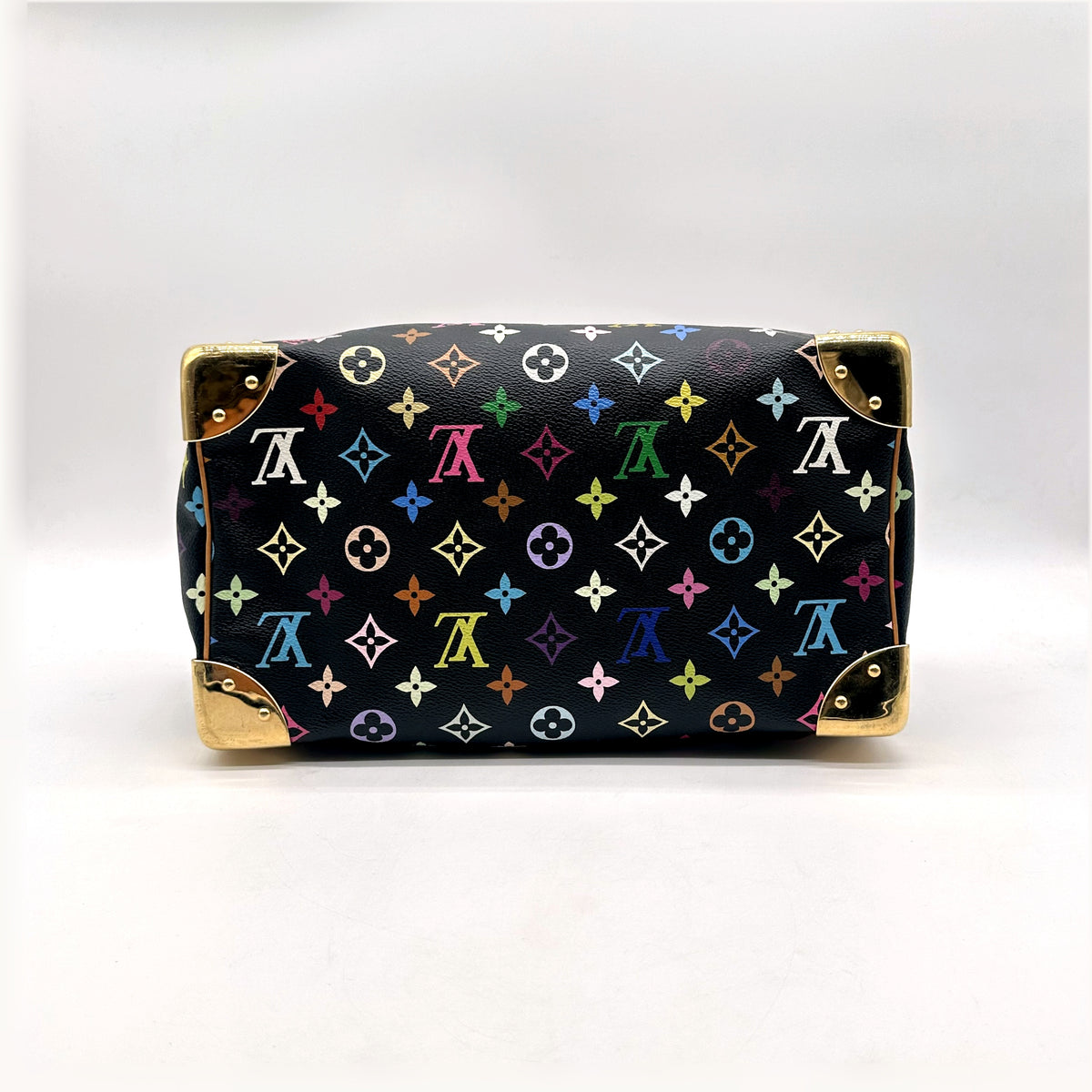 Louis Vuitton Speedy 30 Toile Monogram Multicolore Noir - vue du dessous, base et coins dorés