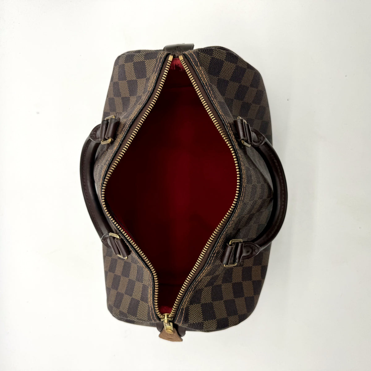 Louis Vuitton Speedy 30 Toile Damier Ebène - vue de dessus, sac ouvert et doublure rouge