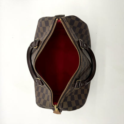 Louis Vuitton Speedy 30 Toile Damier Ebène - vue de dessus, sac ouvert et doublure rouge