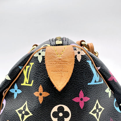 Louis Vuitton Speedy 30 Toile Monogram Multicolore Noir - détail de la patte de cuir d'extrémité