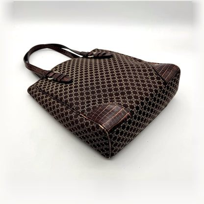 Céline Cabas Toile Jacquard Brun - vue en angle, coin renforcé de cuir