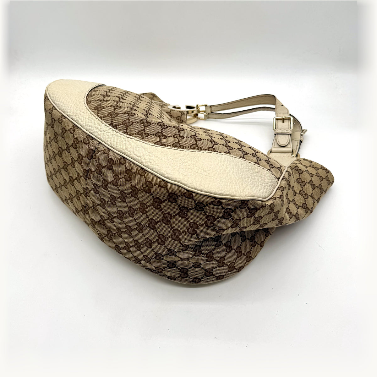 Gucci Tote Toile GG Beige et Cuir Crème - vue de dessus en angle